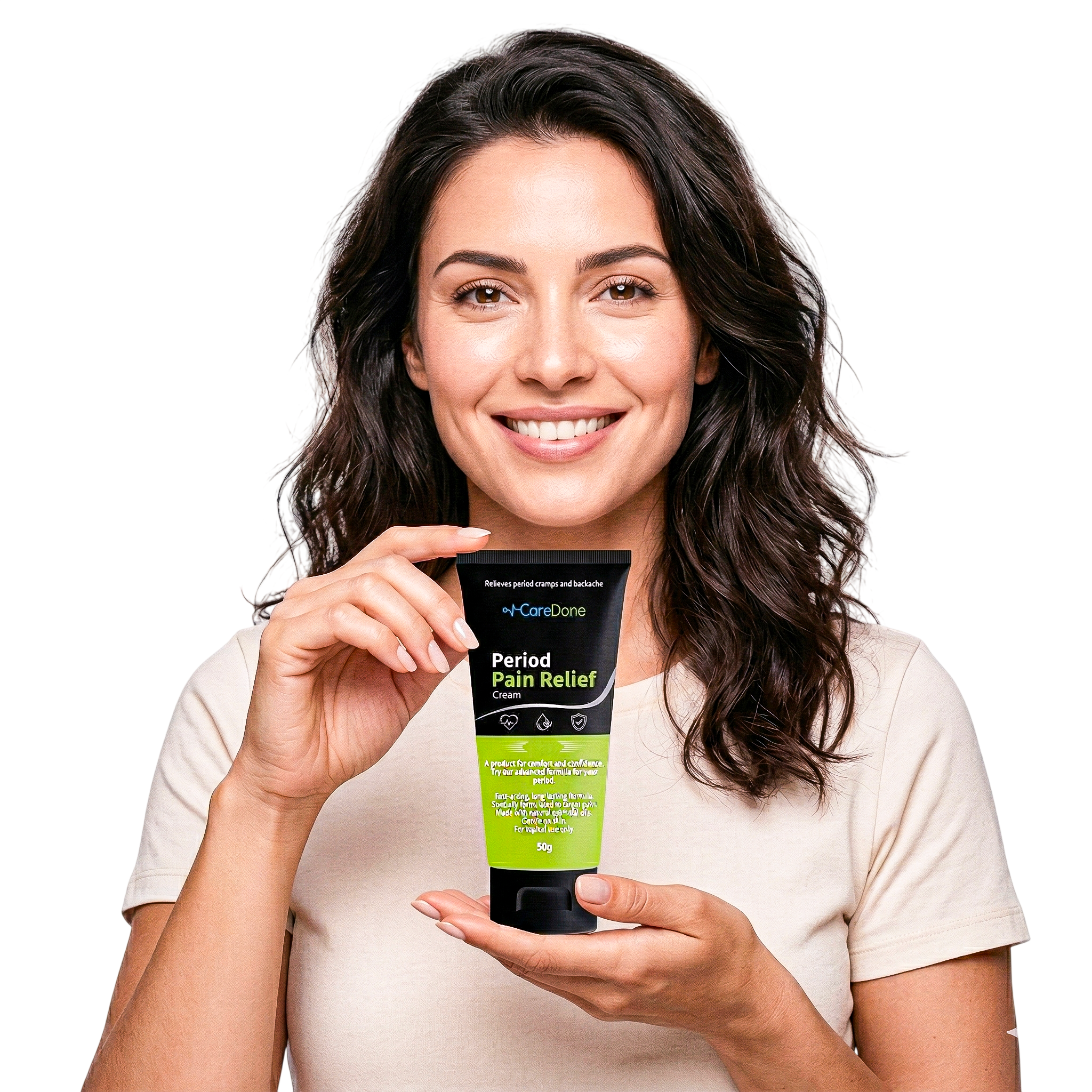Smiling model with product